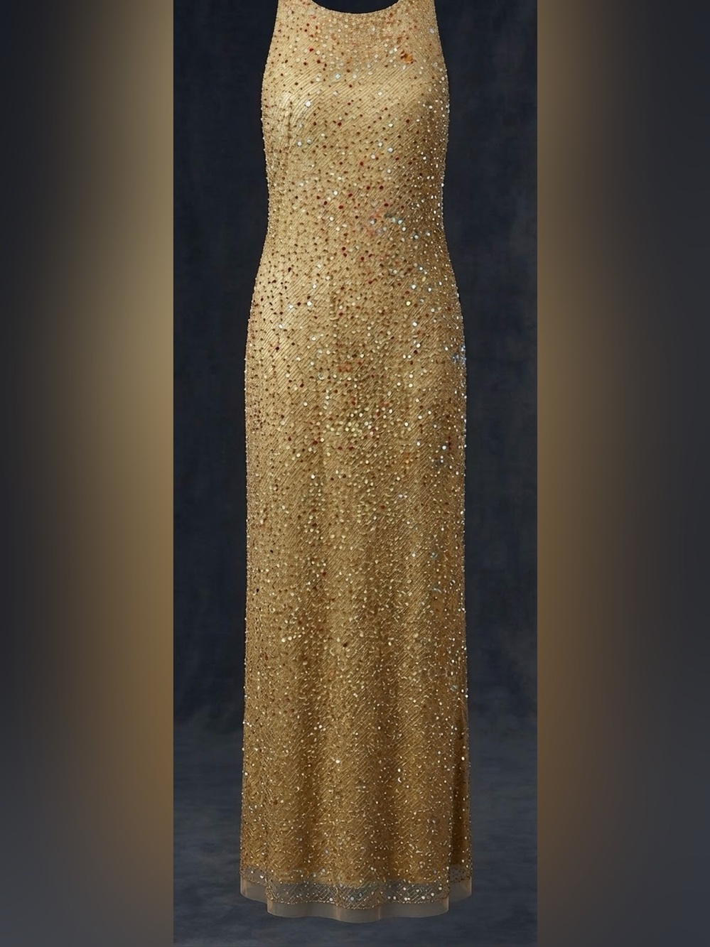 Nicole Miller Collection Gold Metallic Sequin Cross Back Halter Maxi Gown NWT M